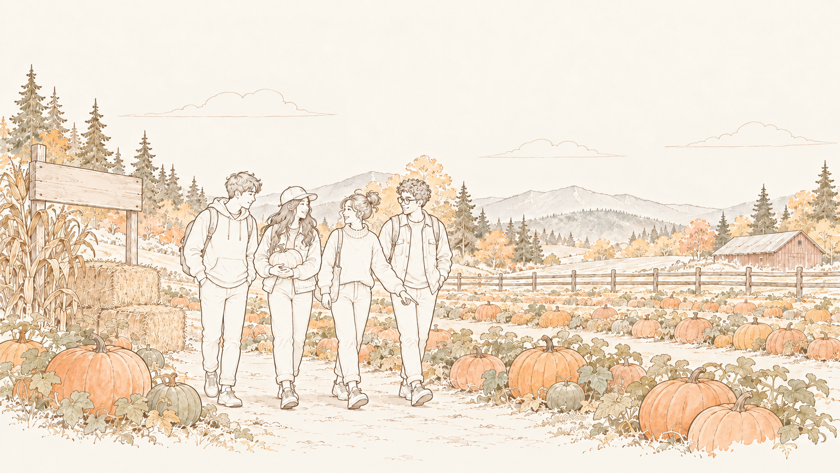 KAWAN friends walking together through a pumpkin patch on an autumn day