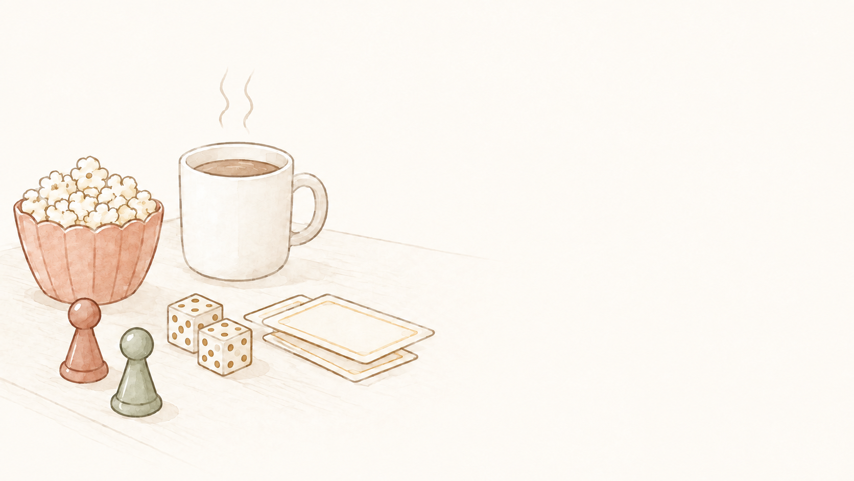 Hand-drawn game pieces, popcorn, tickets, and coffee mugs