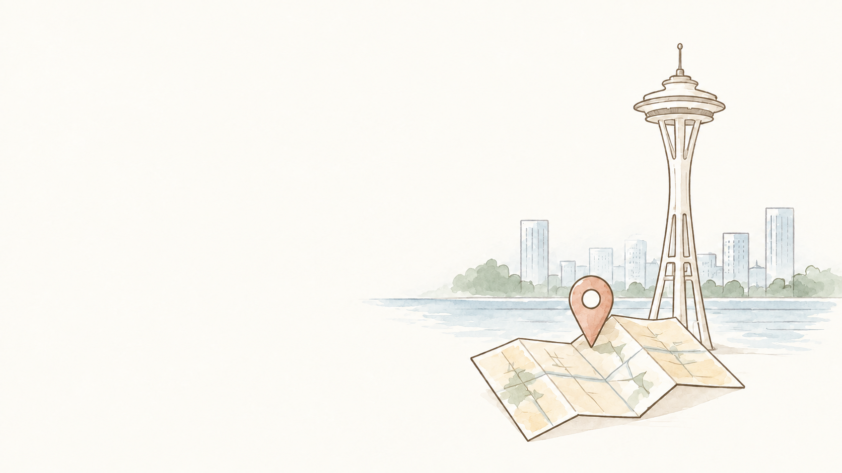 A hand-drawn Space Needle, folded map, and location pin