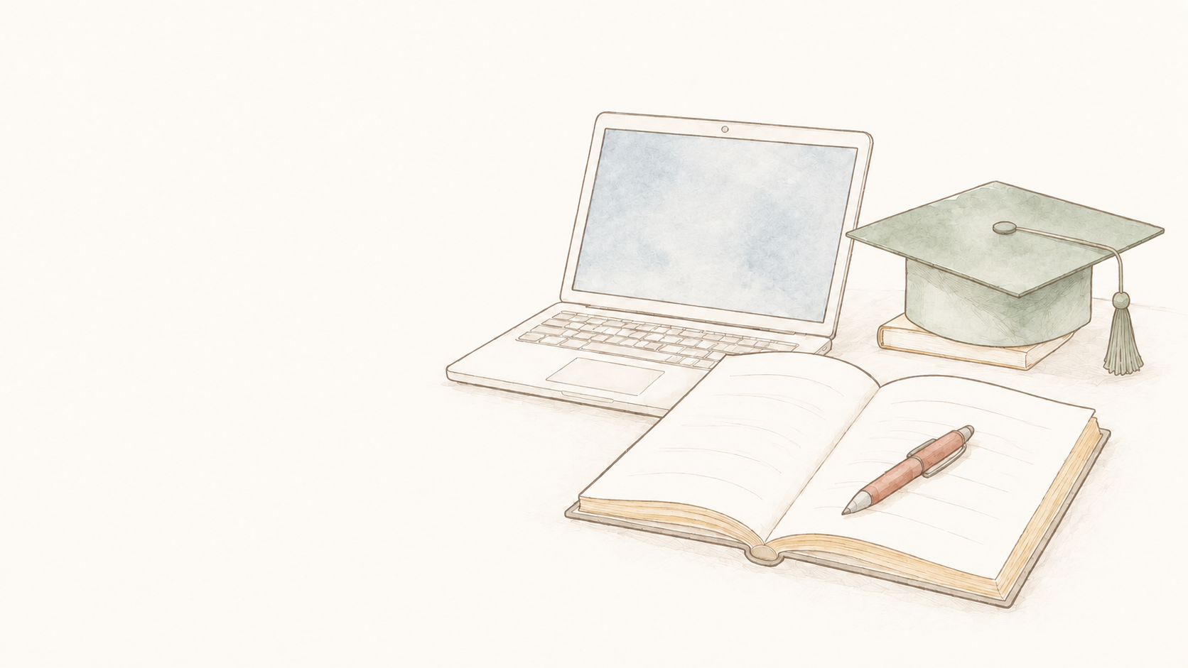A hand-drawn open book, laptop, and graduation cap