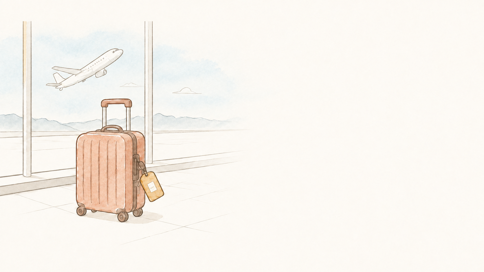 A hand-drawn airplane, suitcase, and key